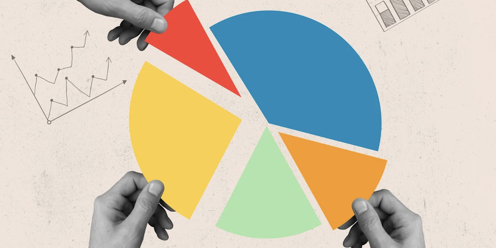 Three hands reach for slices of a colorful pie chart