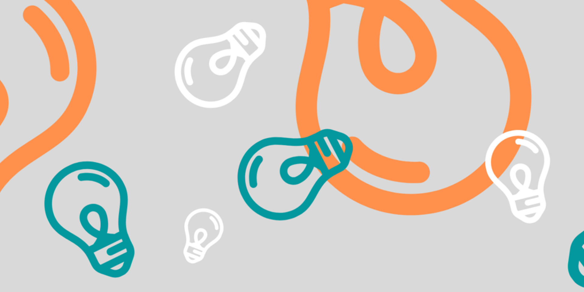 Different sized light bulbs in orange, teal, and white on a gre background