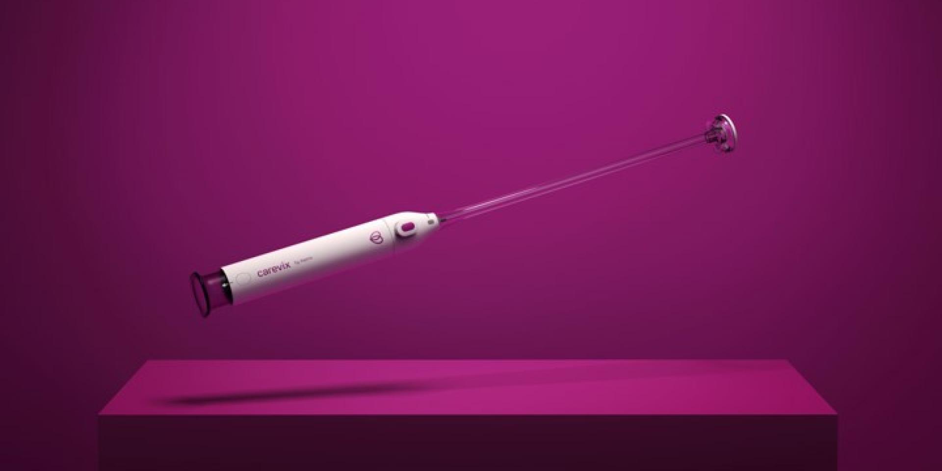 A new medical device with a white handle on a purple background