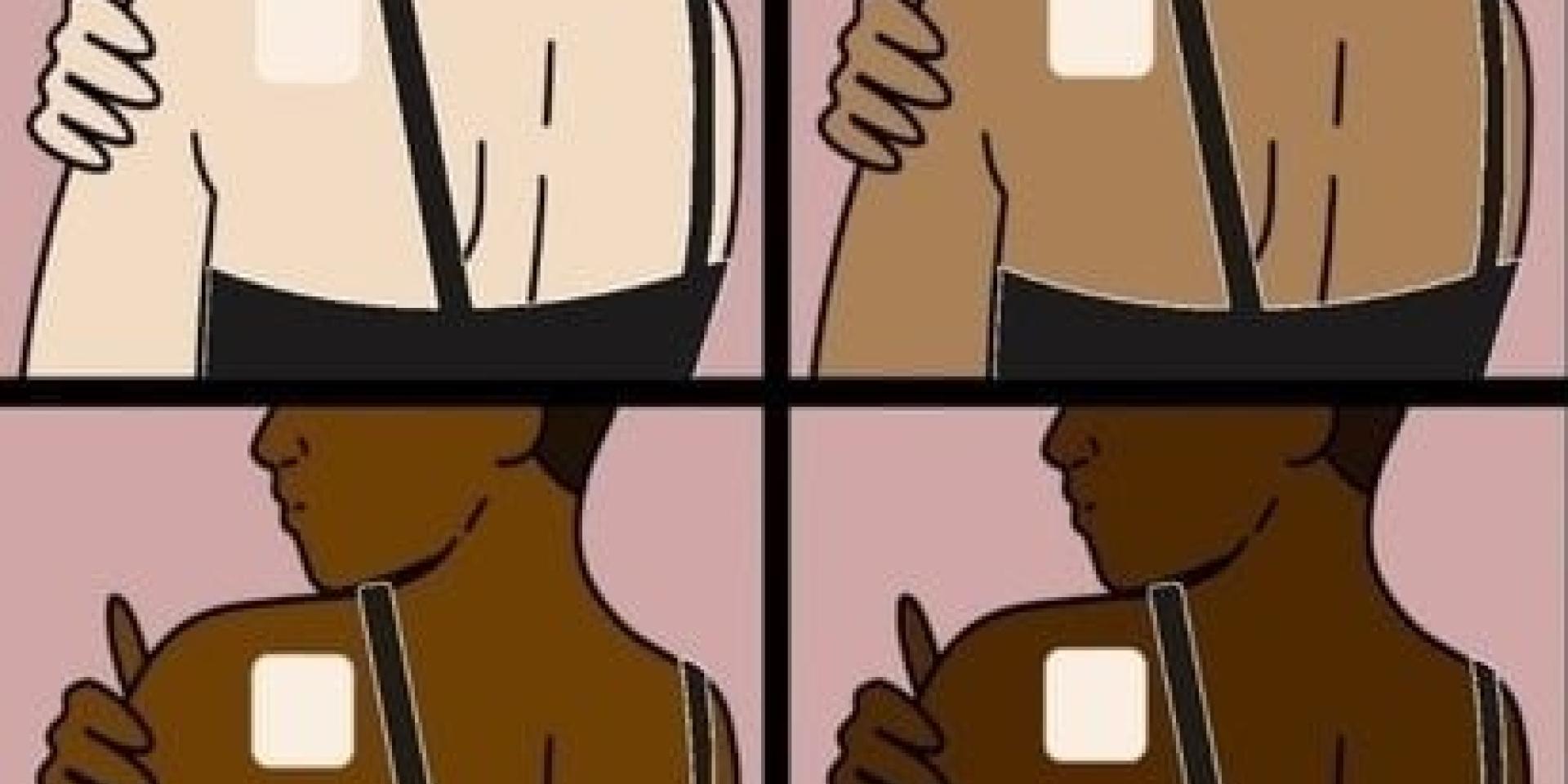 Four quadrants with an illustration of a woman with a contraceptive patch on her shoulder, each with a slighly darker skin tone than the next