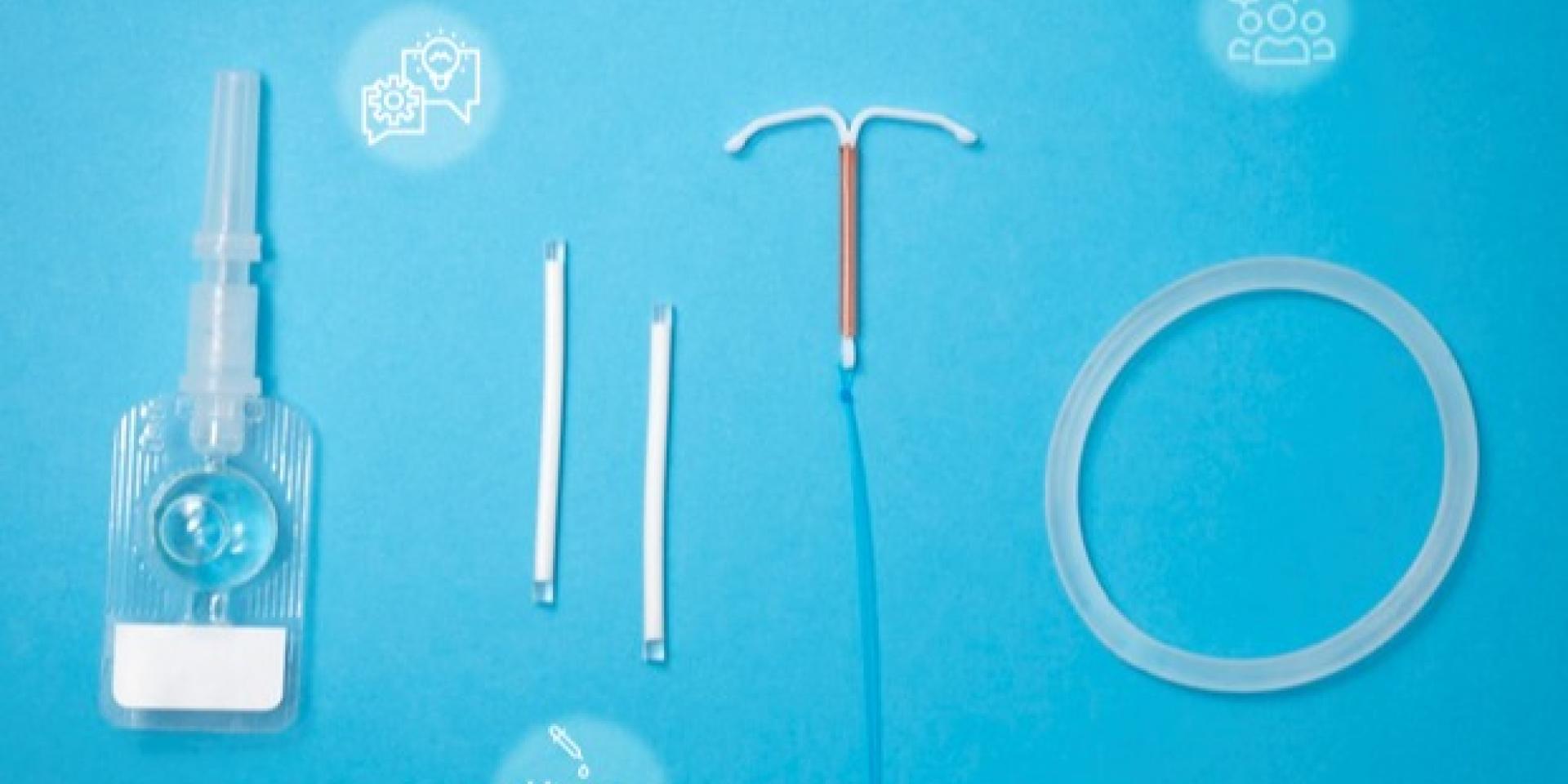 Verious contraceptives sitting on a teal background with abstract illustrations of thought bubbles and lab equipment scattered around them