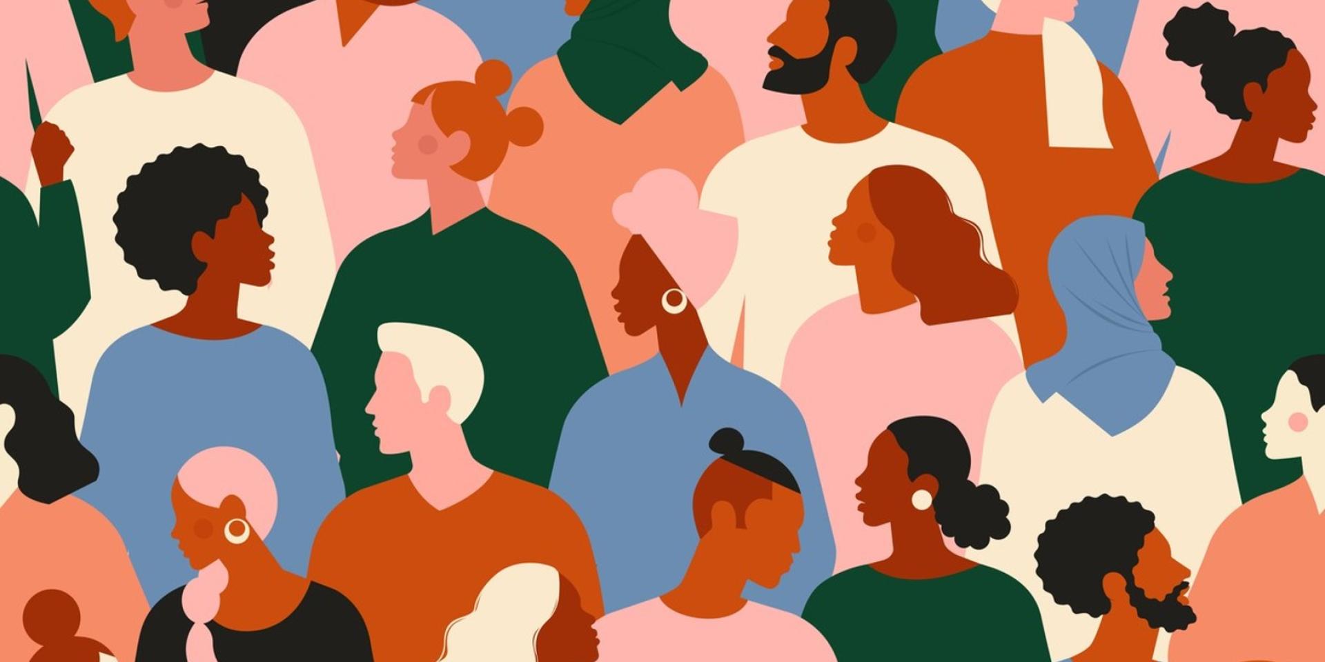 Illustration of a diverse group of people all with different skin colors and hair types grouped together