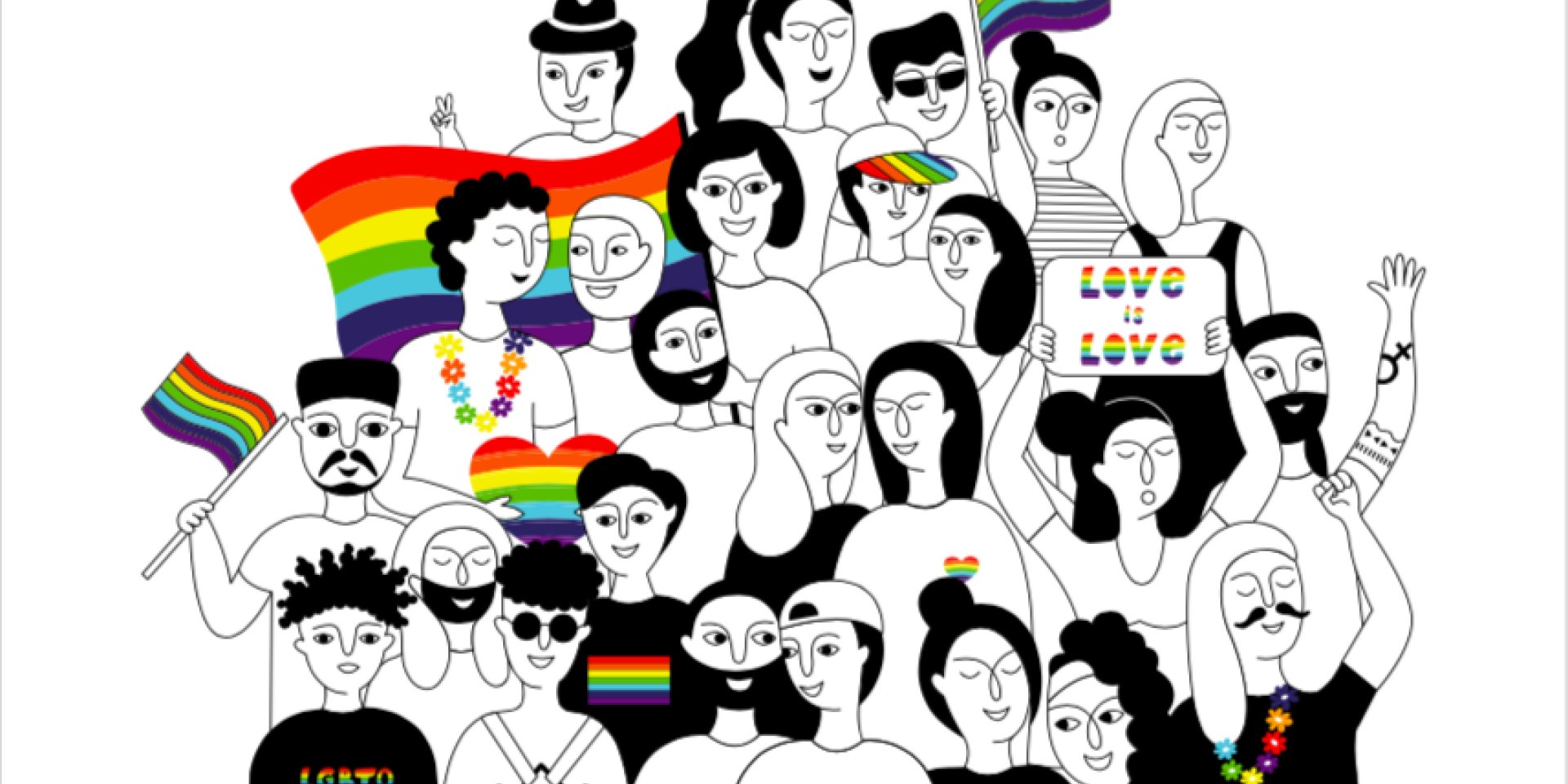 Illusration of a diverse group of people all standing together, some with rainbow flags, signs, and jewelry