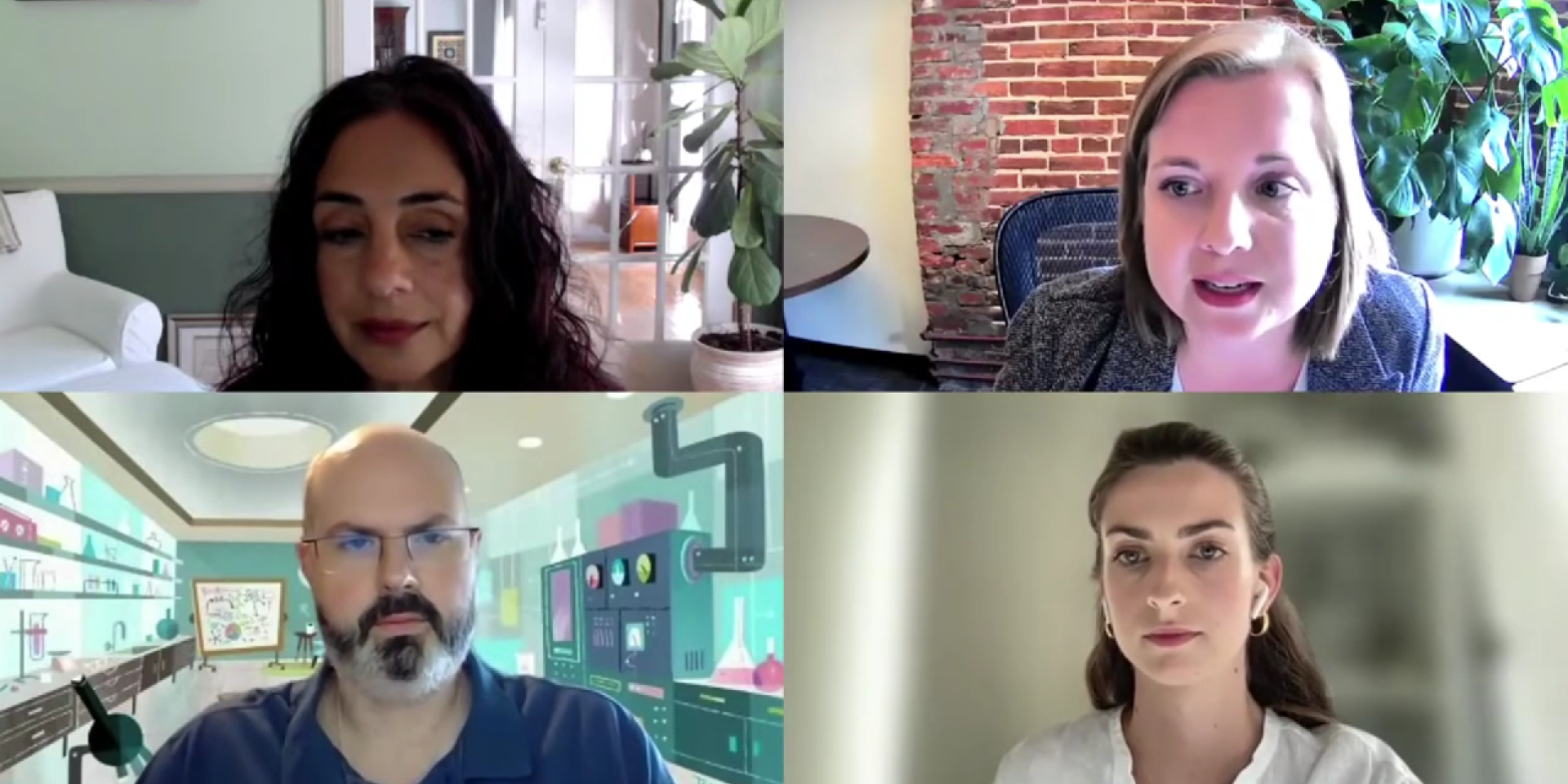 Screenshot of a webinar with four speakers pictured, three female and one male