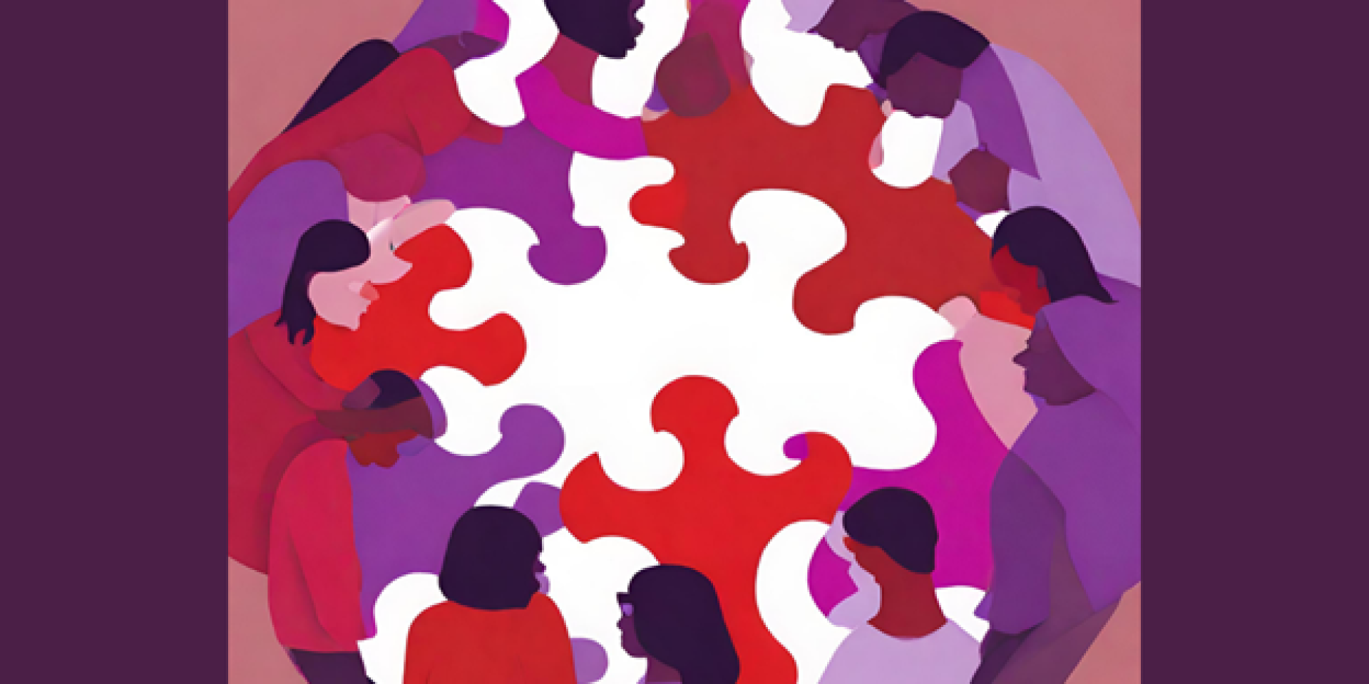 Illustration of people sitting around a table made up of large puzzle peices
