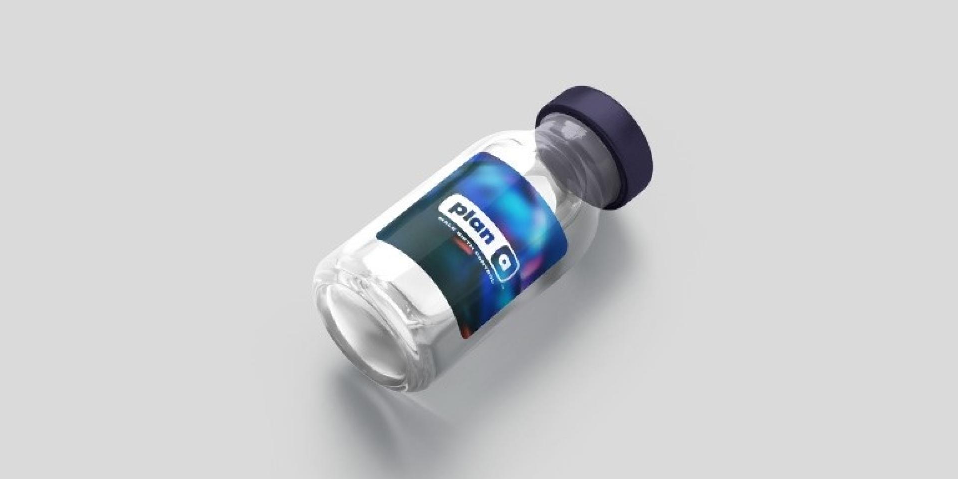 A small vial with "plan a" written on the front