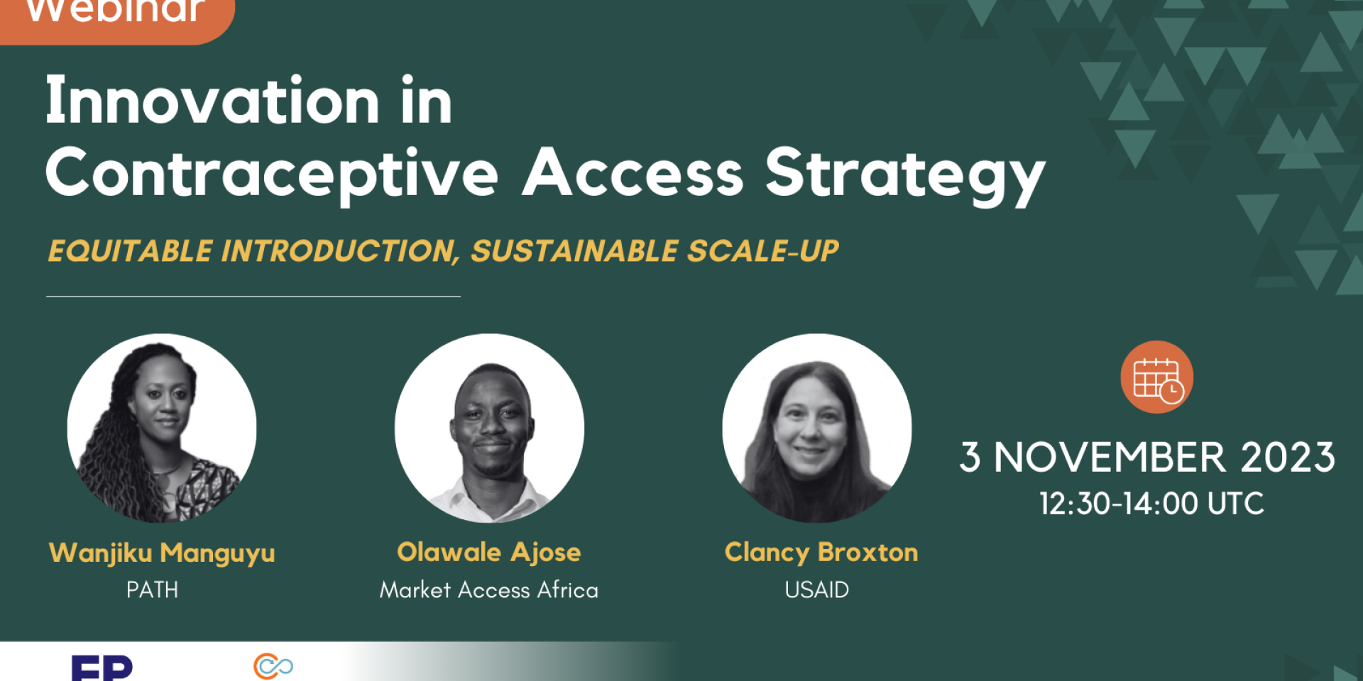 Thumbnail Image from Innovation in Contraceptive Access Strategy Event, Showing Event Title and the Headshots of Three Speakers
