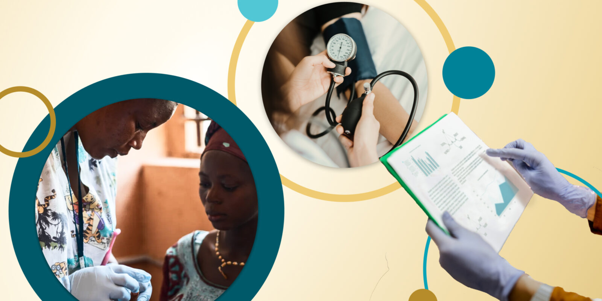 Three pictures arranged amongst a graphic design with circles and loops - bp cuff, woman getting blood drawn, hands holding a report