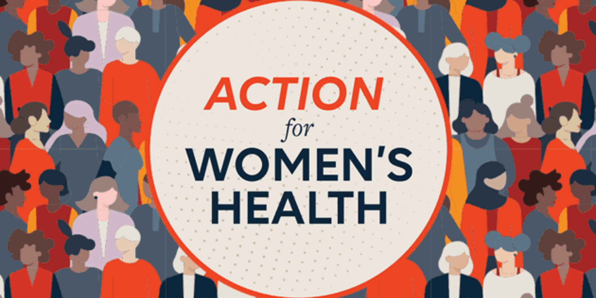 "Action for women's health" written in a tan circle with animated women in the background