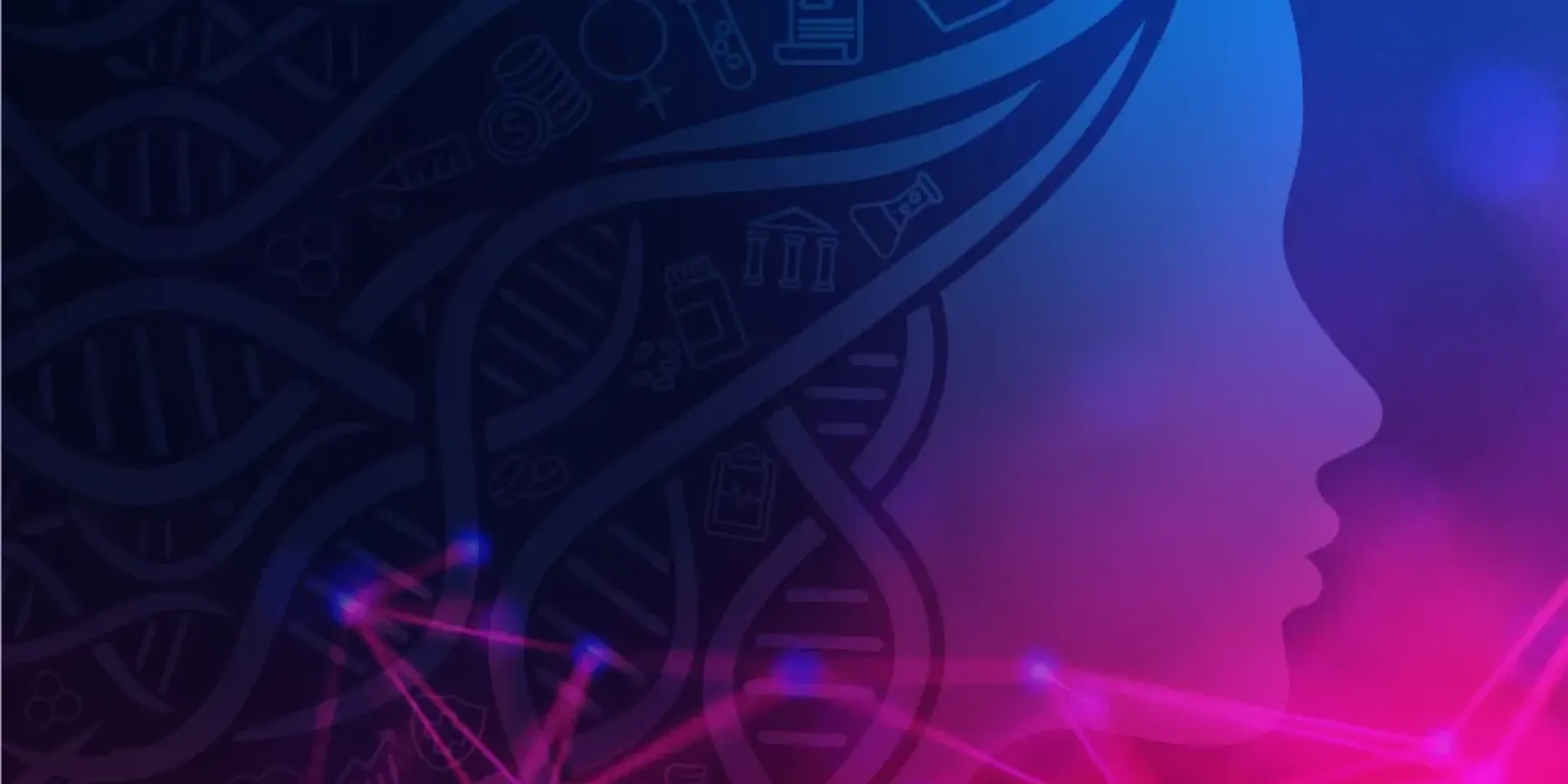 Blue purple and pink graphic of a women's silhouette with DNA strands as hair