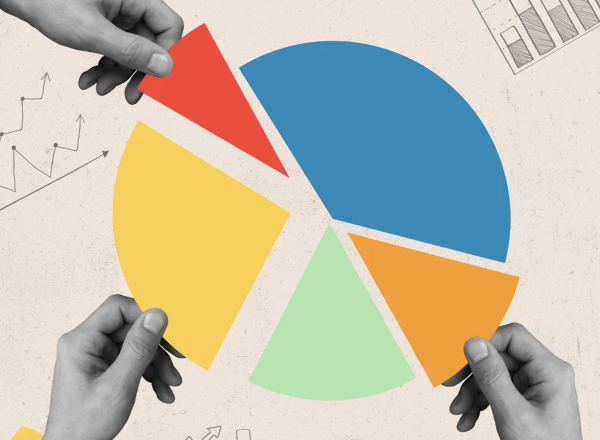 Three hands reach for slices of a colorful pie chart