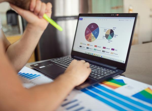 A person, seated, works on a laptop, consulting pie graphs