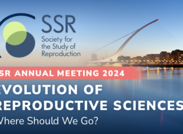Text reads "SSR Annual Meeting 2024, Evolution of Reproductive Sciences, Where Should We Go?" with a city on the water pictured in the background