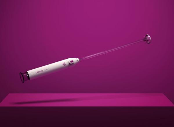 A new medical device with a white handle on a purple background