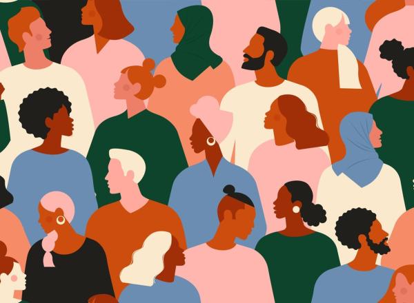 Illustration of a diverse group of people all with different skin colors and hair types grouped together