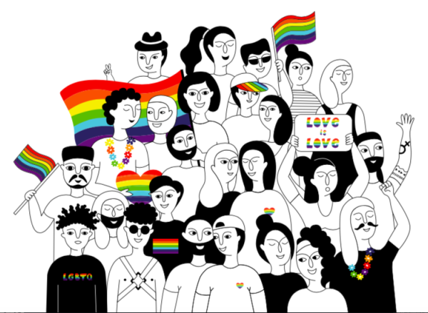 Illusration of a diverse group of people all standing together, some with rainbow flags, signs, and jewelry