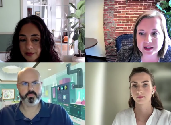 Screenshot of a webinar with four speakers pictured, three female and one male