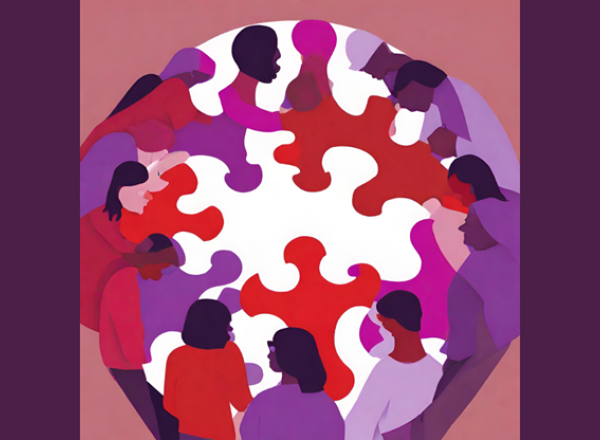Illustration of people sitting around a table made up of large puzzle peices