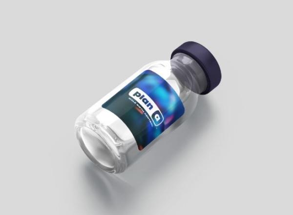 A small vial with "plan a" written on the front