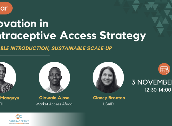Thumbnail Image from Innovation in Contraceptive Access Strategy Event, Showing Event Title and the Headshots of Three Speakers