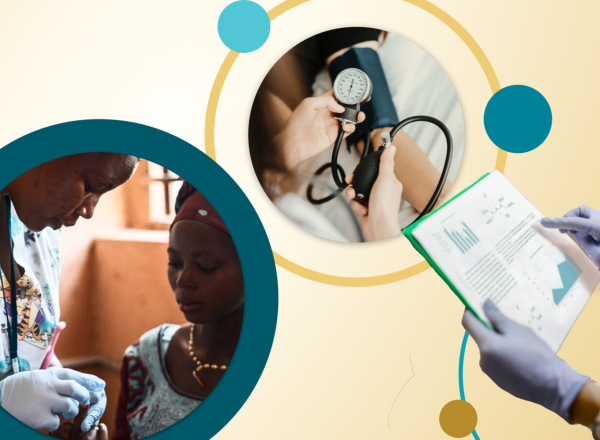 Three pictures arranged amongst a graphic design with circles and loops - bp cuff, woman getting blood drawn, hands holding a report