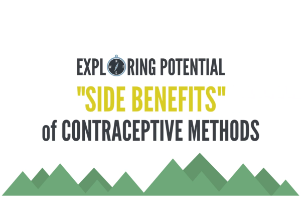 Screen reads "Exploring potential "side benefits" of contraceptive methods" with green angular design under