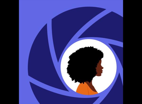 Animated image of a woman with a blue designed background