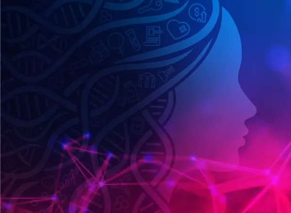 Blue purple and pink graphic of a women's silhouette with DNA strands as hair