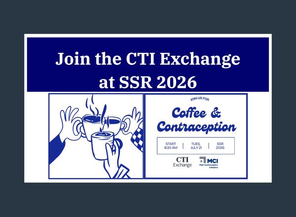 White text on blue background reads "Join the CTI Exchange at SSR 2026 and below is an invite to an event called Coffee & Contraception