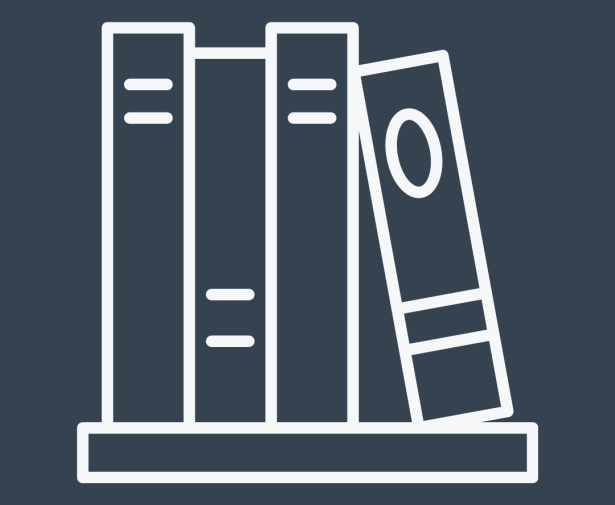 White-line illustration of books on a shelf against navy blue background