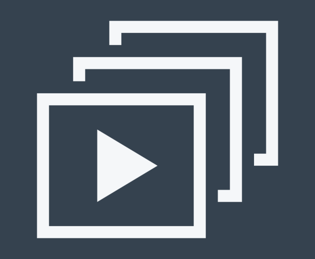White-line illustration of play button against navy blue background