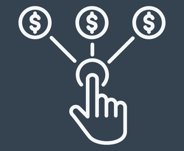White-line illustration of finger touching button connected to currency